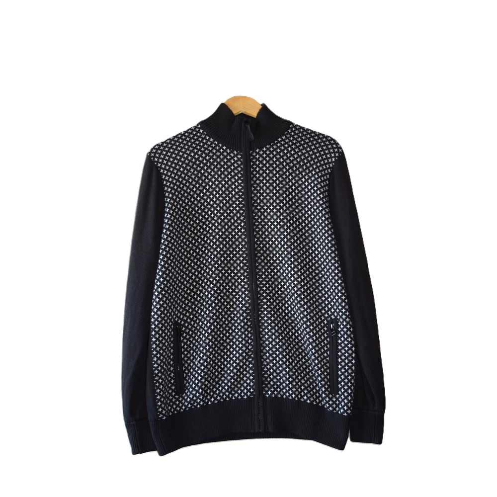 Abacus Full Zip Cardigan Mens XL Black White Geometric Knit Mock Neck Excellent